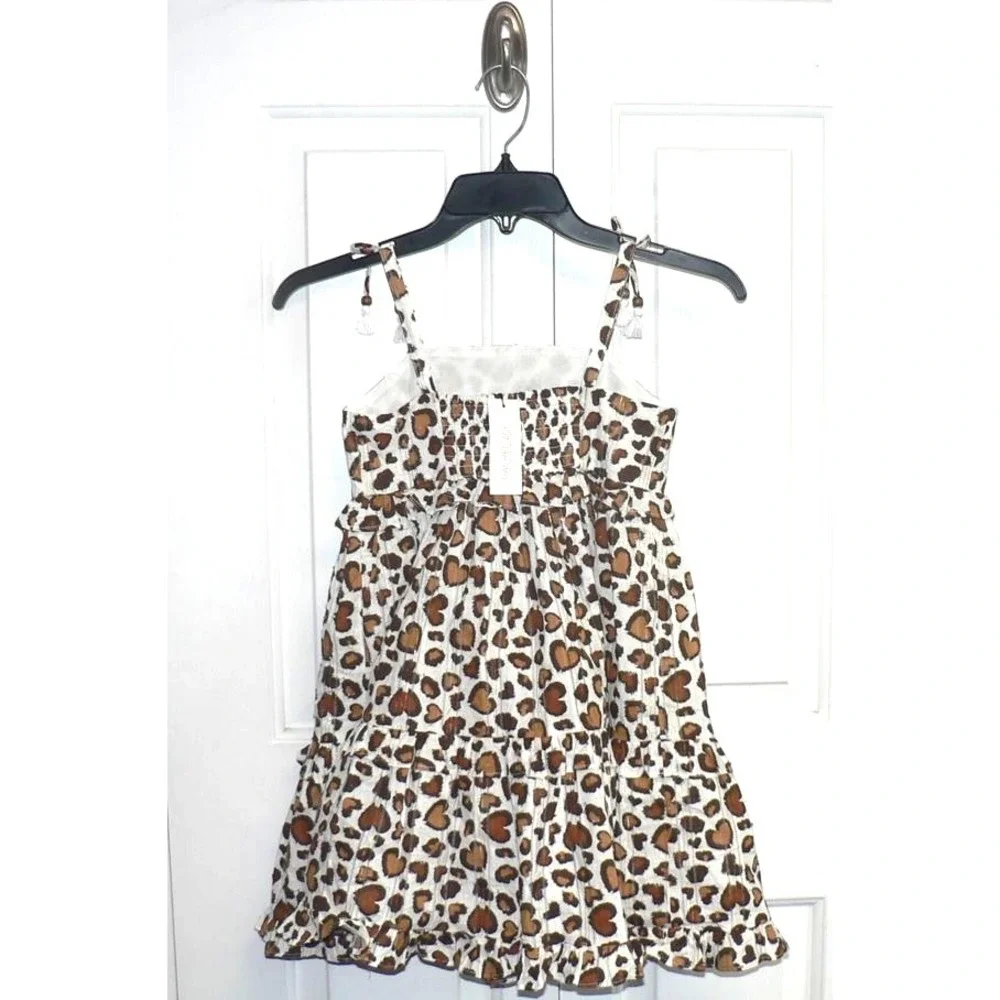 Rachel Zoe Girls Sleeveless Tiered Bow Shoulder Dress Brown Animal Hearts Size 7
